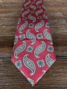 Pierre Balmain Red Paisley Silk Tie with Blue and Cream Accents